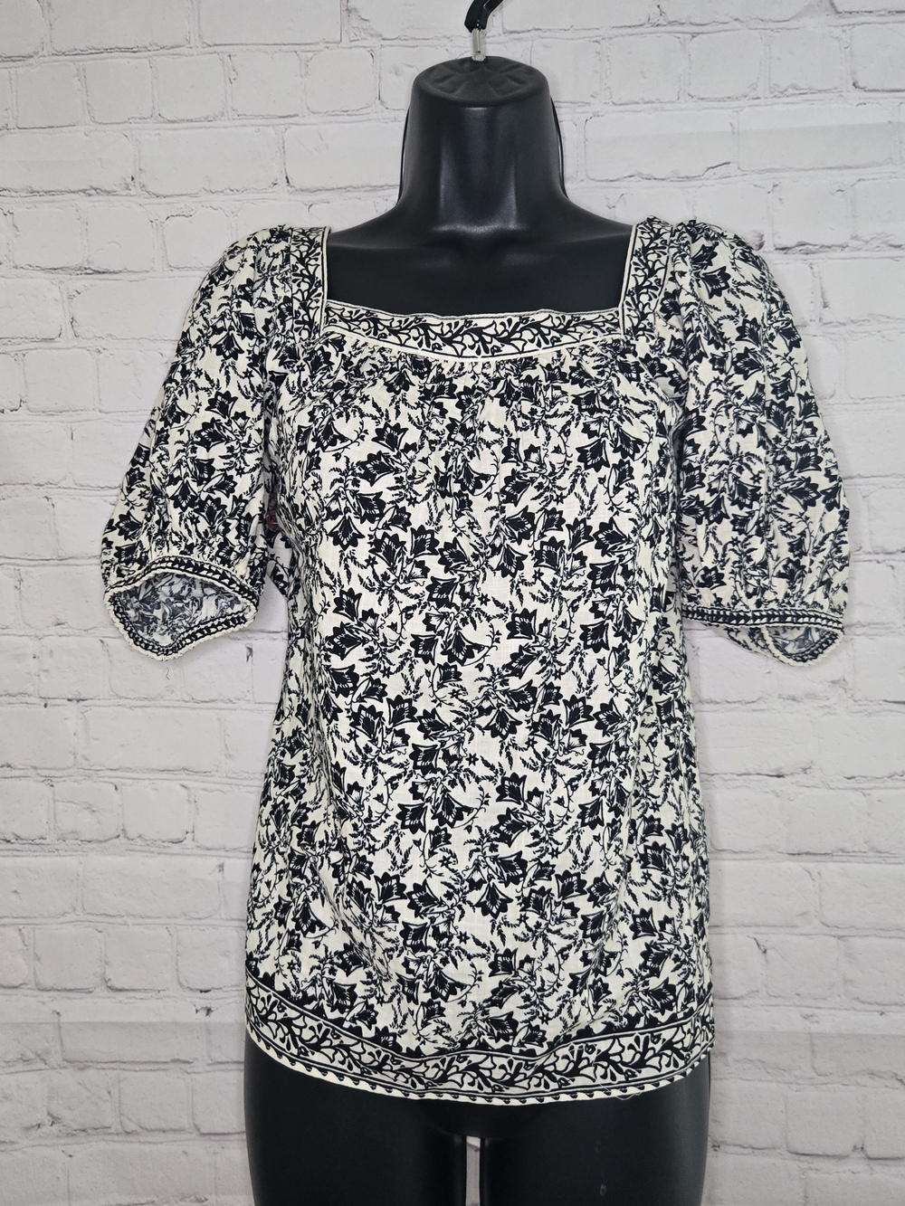 Max Studio Peasant Square Neck Puff Sleeve Cotton Blouse Boho Cottage Prairie